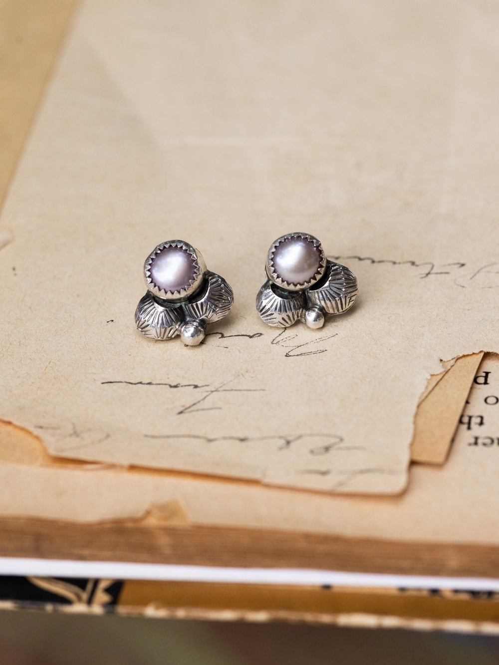 Handmade Sterling Silver Pearl Stud Earrings - Lavender Pearl